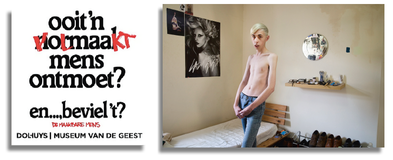 Promotieposter expositie 'De maakbare mens' (links) en beeld uit videopresentatie van Niki, een jongen die leed aan genderdysforie