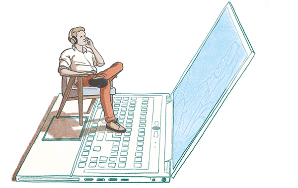 Symbolische illustratie (kleur) beeldbellen psychiater met laptop